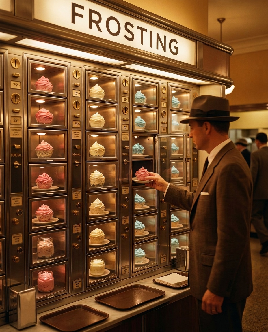 A man in a fedora lifting a plate of frosting from a lit compartment in a vintage automat.